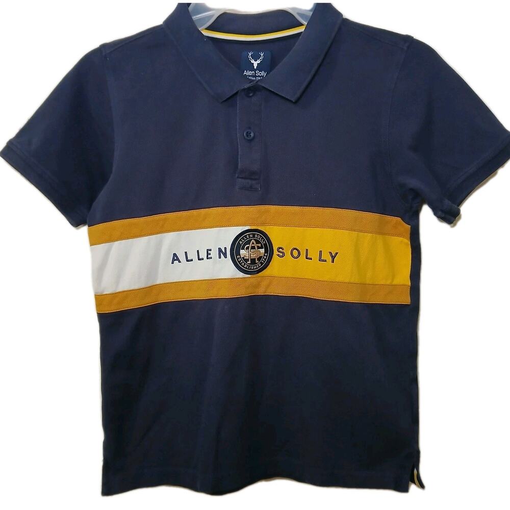 Allen Solly Junior Boys Polo Shirt 9-10 YRS Navy‎ Yellow Stripe Logo Preppy